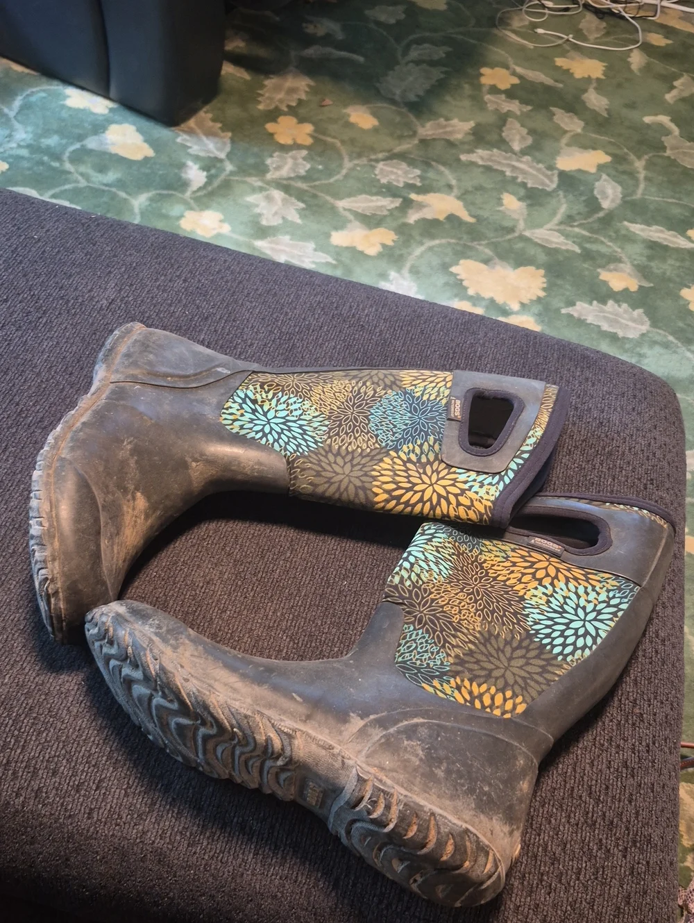 Bogs Women's Floral Tall Rain Boots in Teal, Yellow & Brown